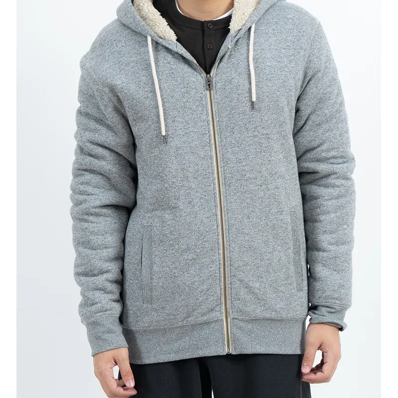 Áo hoodie có khóa kéo màu xám với lớp lót mũ bằng vải nhung màu kem