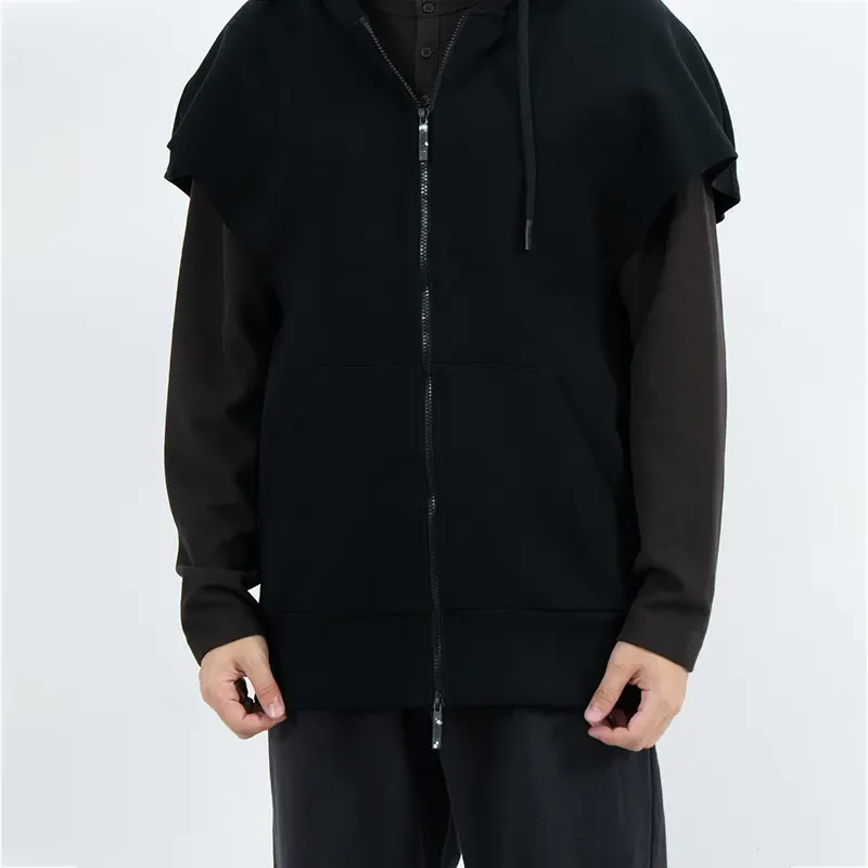 Áo hoodie không tay có khóa kéo với vai mở rộng và túi chia đôi phía trước
