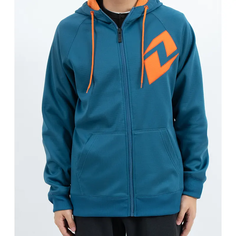 Áo hoodie có dây kéo màu xanh mòng két Raglan có họa tiết ngực màu cam và dây rút